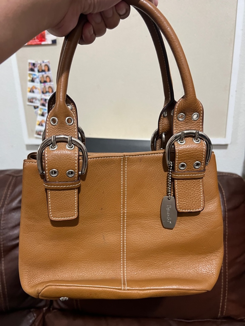 Tignanello Tan Leather Shoulder Bag with Silver Hardware